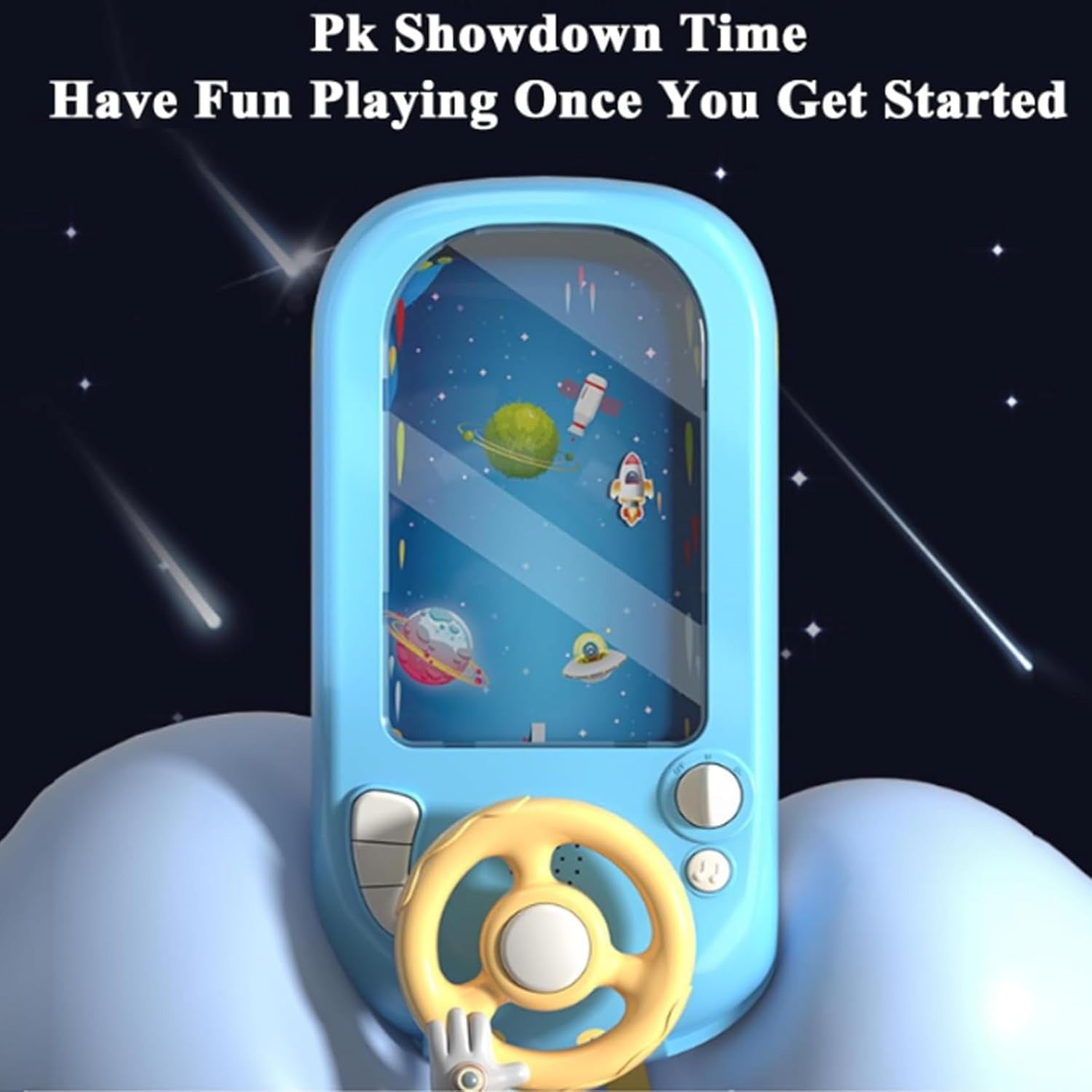 Colorful children’s steering wheel toy with buttons and lights for interactive play.
