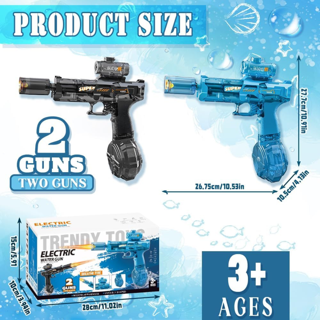 “Bright electric water gun with long-range spray, rechargeable battery, and ergonomic design for outdoor fun.”**