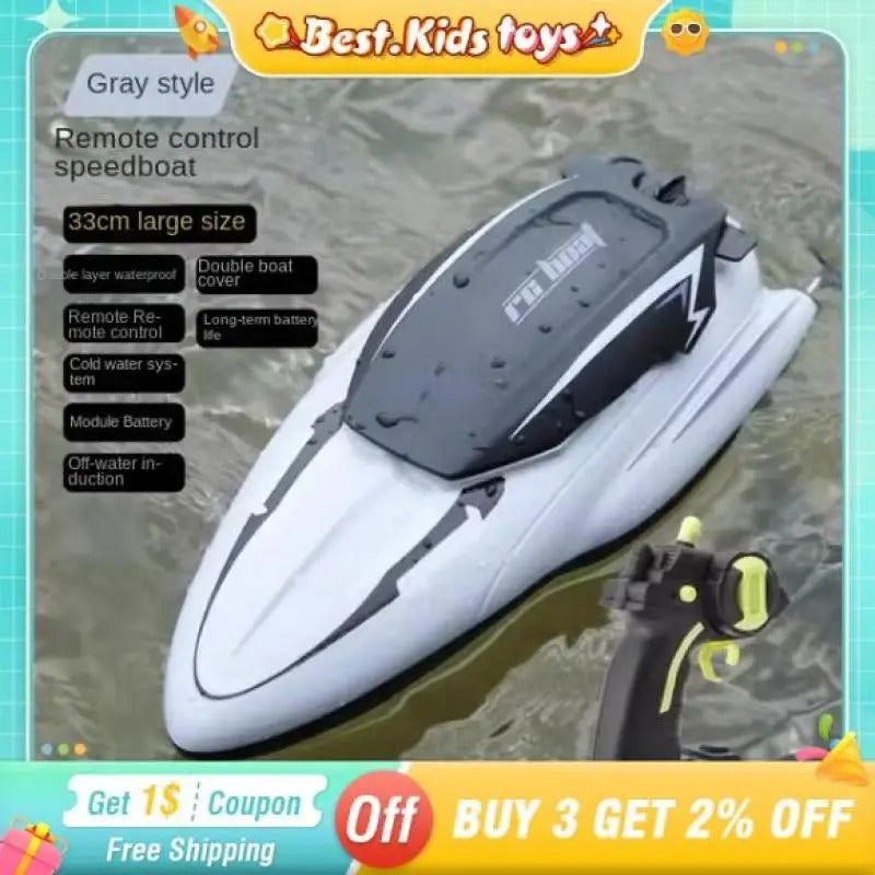  High Speed RC Boat racing on water with sleek aerodynamic design and remote control.
