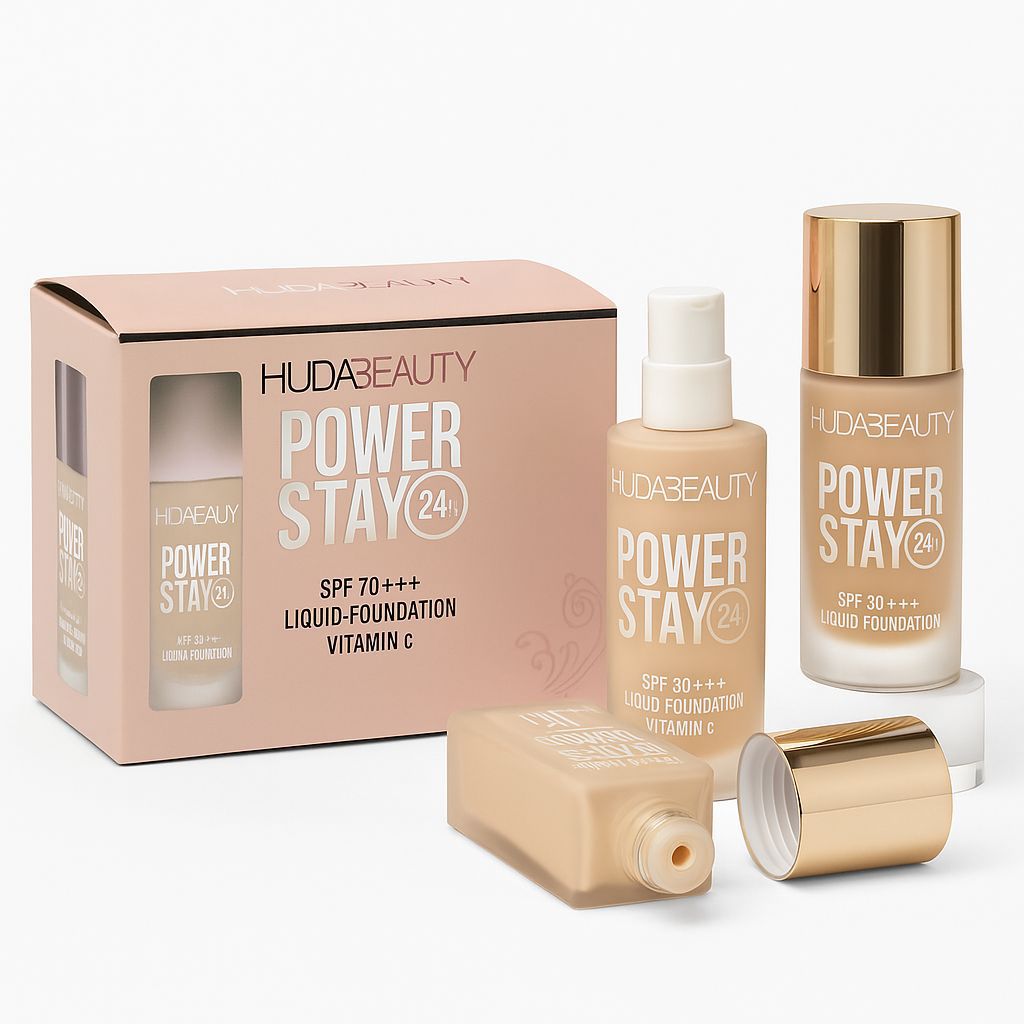 **“Huda Beauty Liquid Foundation with SPF 30+++, lightweight, hydrating, and buildable coverage for flawless skin.”**
