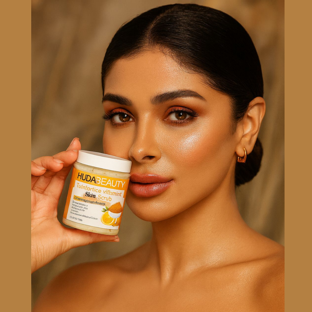  Huda Beauty Turmeric + Vitamin C Skin Scrub jar with brightening formula featuring turmeric and vitamin C.
