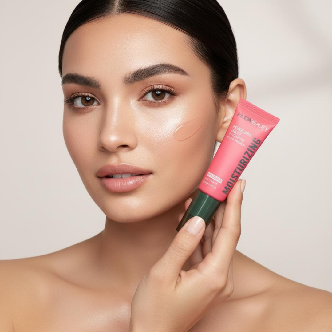 * Huda Beauty Poreless Jelly Hydrating Blur Primer jar showcasing its lightweight, hydrating, pore-blurring jelly formula.
