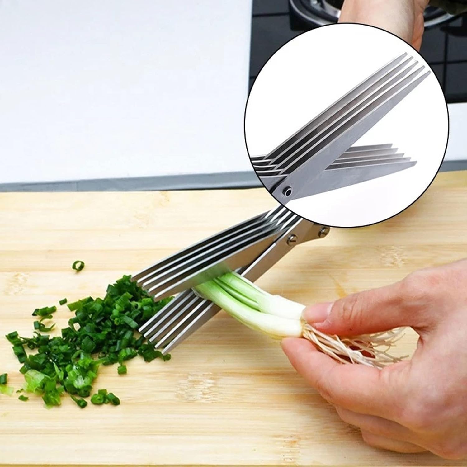 5-layer stainless steel multifunctional scissors for cutting, slicing, and kitchen tasks.